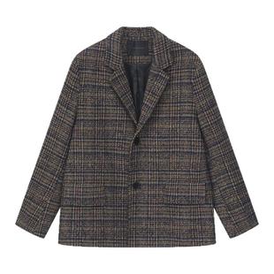 秋冬羊毛格子西装男士宽松原创设计师款复古休闲韩版小西服男外套