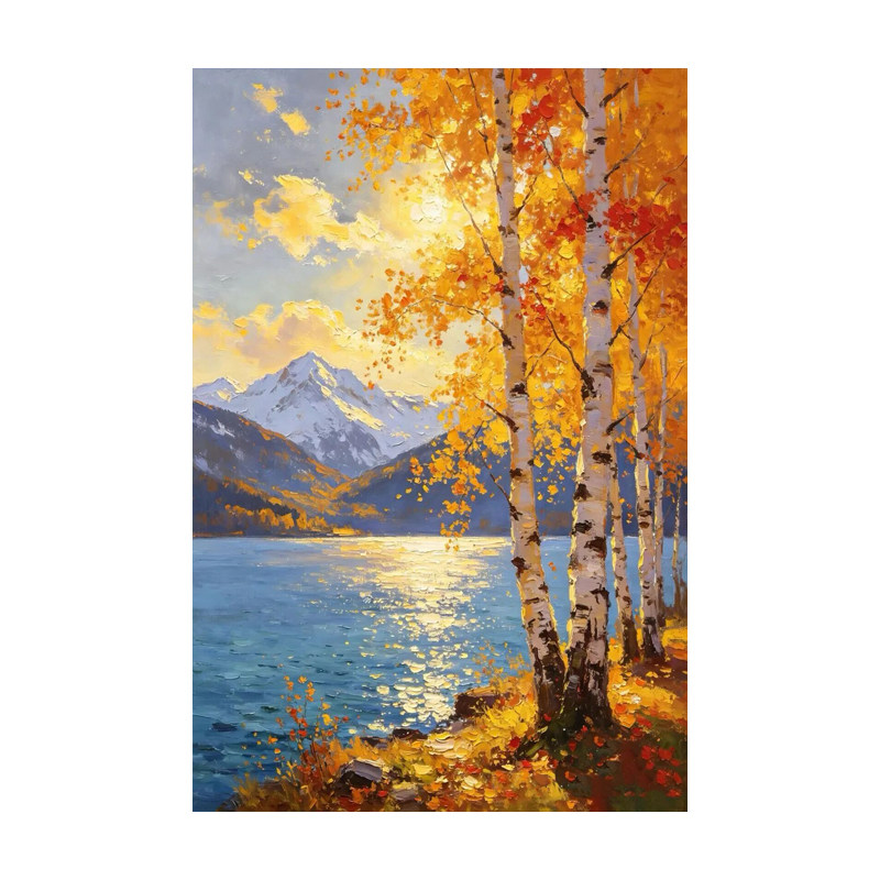 可班手绘油画秋桦湖白桦雪山壁画