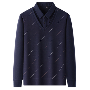 鹿竹中老年男装爸爸假两件毛衣中年男士保暖打底衫加绒加厚卫衣男