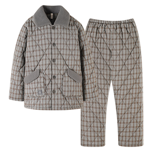 男款棉袄睡衣冬季新款纯棉布法兰绒夹棉三层加厚格子可外穿家居服