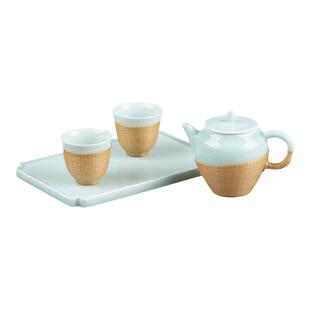 刘氏竹编青瓷纯手工竹丝扣瓷小池荷尖一壶两杯带茶盘茶具伴手礼品