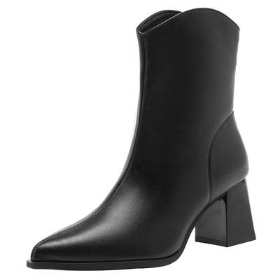 大东官方尖头短靴女款2025新款秋冬白色粗跟高跟鞋加绒法式小踝靴