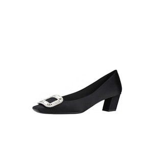 方扣高跟鞋女2025年春秋新款粗跟水钻平底浅口中跟方头真皮单鞋子