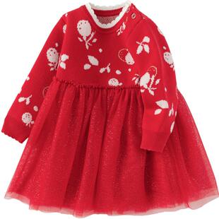 巴拉巴拉童装婴儿女童连衣裙2025春秋新款红色拜年服甜美针织裙子