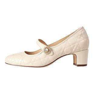 灵梅陈高光鞋玛丽珍女鞋粗跟皮鞋中跟真皮单鞋黑色圆头羊皮高跟鞋