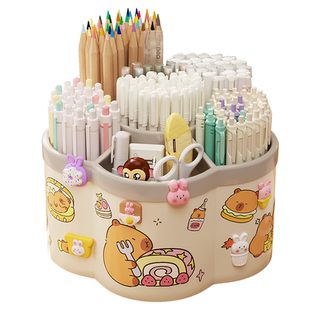 卡皮巴拉贴纸笔筒旋转笔桶创意可爱高级感ins超大学生儿童男女孩化妆刷收纳轻奢桌面收纳盒大容量多功能diy