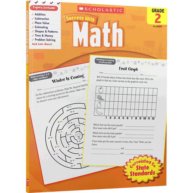 进口英文原版正版Scholastic Success with Math, Grade 2学乐成功系列 成功英语:数学第二册练习本 英语启蒙学习家庭教育带答案