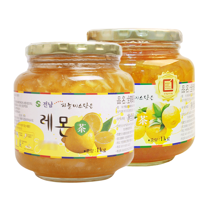 全南 韩国蜂蜜柚子茶+蜂蜜柠檬茶1kg*2罐清晰果肉方便冲调多口味