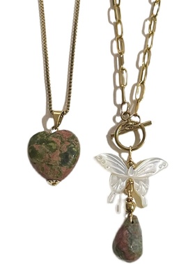 「庄周梦蝶」花绿石纯银复古项链