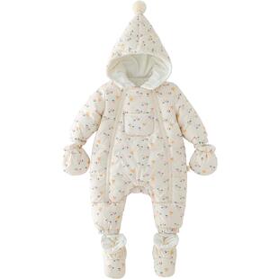 婴儿羽绒连体衣新生儿冬装外出包手脚女宝宝加绒加厚衣服白鹅绒