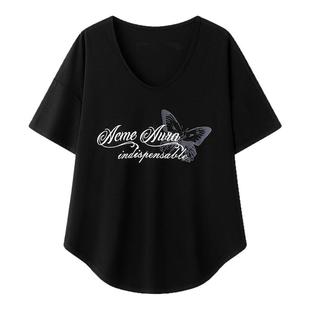 ACMEAURA可露肩美式运动hiphop爵士大领口V领T恤女夏宽松短袖上衣