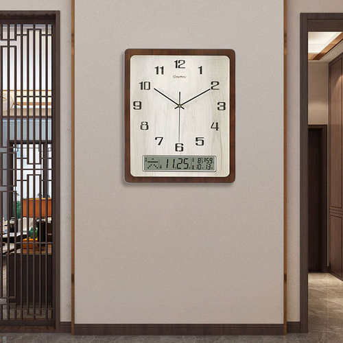 2023新款实木客厅简约现代静音家用温湿度万年历钟表个性中式挂钟