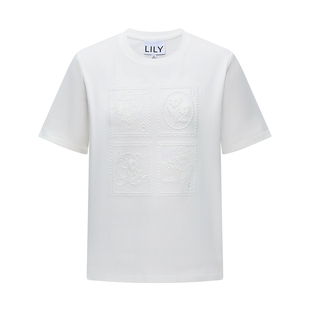 LILY2026春新款女装欧若风邮票图案刺绣圆领休闲通勤白色短袖T恤