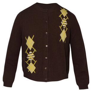 LEONSENSE力上司 圆领撞色菱格100羊毛休闲高品质针织长袖开衫