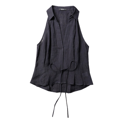 TANG TOWN 自制 时髦不撞款立裁微收腰 亚麻汉麻削肩V领坎肩衬衫