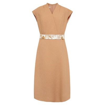 BBLLUUEE/粉蓝衣橱2026夏装新款气质通勤交叠v领盖袖印花连衣裙女