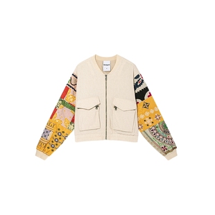 Desigual重工撞色拼接刺绣棒球服明珠白女士外套