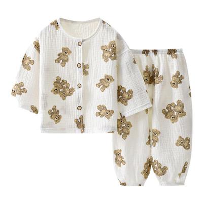 儿童纯棉双层纱布睡衣夏季空调服女童家居服男宝宝轻薄防蚊裤套装