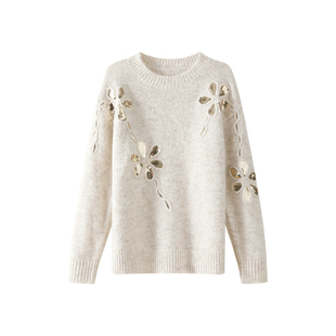 OSA欧莎金闪亮片圆领针织毛衫女2025年冬季新款软糯蓬松内搭上衣