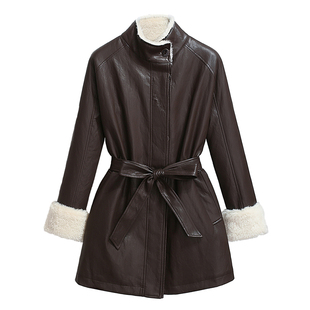 巨好看的棕咖色pu皮风衣加绒加厚外套女中长款收腰2025初冬新大衣