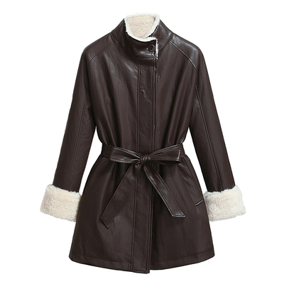 棕咖色pu皮风衣加绒加厚外套初冬