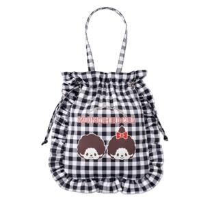 日系蒙奇奇格子抽绳束口袋甜美荷叶边百搭手拎包多功能手提收纳包