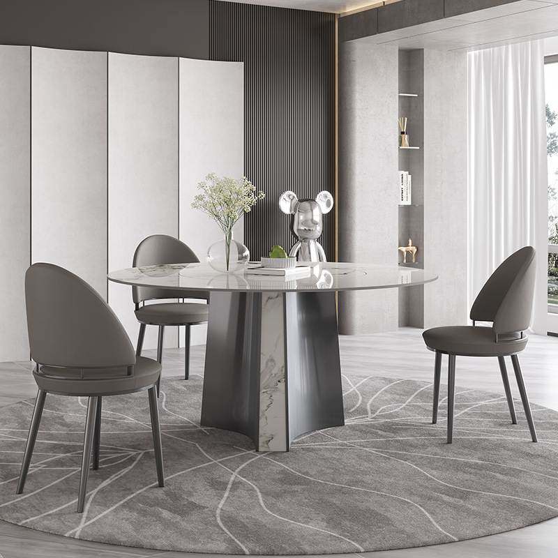 意式岩板圆桌餐桌轻奢现代简约家用高端不锈钢设计师亮光岩板餐桌