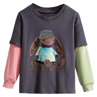 纯棉女童长袖体恤假两件秋装卫衣中大童T恤上衣中小学生打底衫春