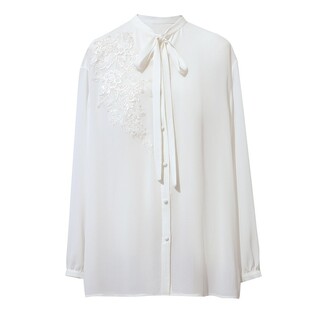 Amii仙气飘带重工管珠刺绣顺纡绉雪纺衫女2026春新款灯笼长袖上衣