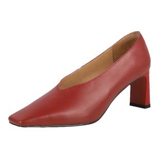 酒红色高跟鞋女方头粗跟V口奶奶鞋时尚小众气质百搭中口真皮单鞋