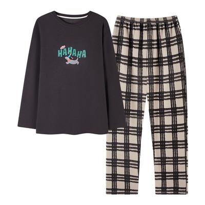 猫人薄绒睡衣男士秋冬款磨毛长袖