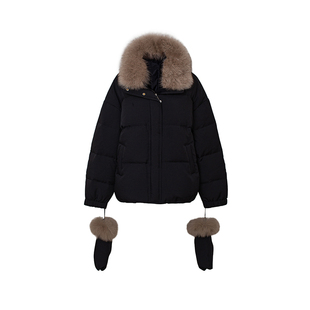 TOP家 轻盈无拘 法式复古90白鹅绒可拆卸毛领/手套时髦蓬松羽绒服