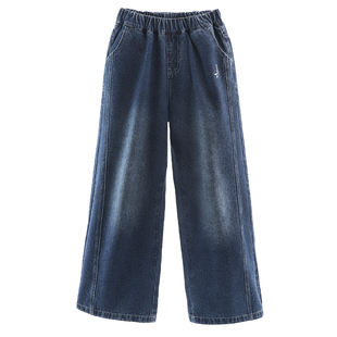 迪士尼女童牛仔裤加绒秋冬2025新洋气儿童阔腿裤加厚青少年直筒裤