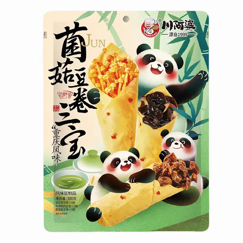 川阿婆菌菇三宝豆卷金针菇木耳鹿茸菇夹心豆皮卷开袋即食解馋辣条