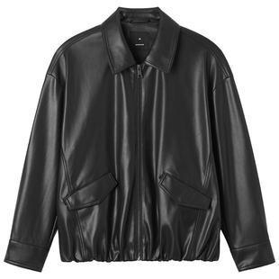 热风女士经典pu皮夹克外套上衣2025年秋季新款都市花苞仿皮夹克