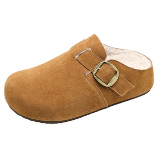 真皮2025秋冬新款厚底内增高勃肯鞋加绒保暖包头毛毛半拖鞋女外穿