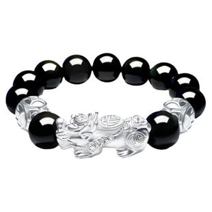 纯银福字貔貅手链女天然彩黑曜石珠串男情侣本命年红黑绳刻字首饰