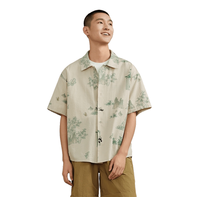 森马潮流国风印花纯棉短袖衬衫男