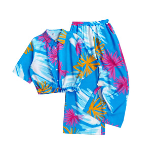 度假风印花短袖宽松短款衬衫上衣+松紧腰阔腿裤九分裤两件套装女