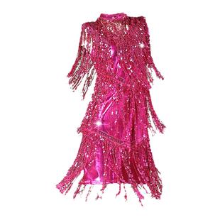 演出服女成人亮片珠片流苏拉丁舞裙连衣裙演出表演服装成人套装金