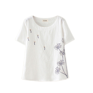 中国风棉麻上衣女亚麻棉刺绣t恤宽松短袖夏季复古绣花大码女装