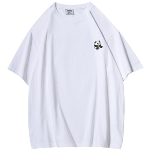 港风高街重磅260g纯棉t恤男款白色高中生圆领夏季薄卡通熊猫短袖