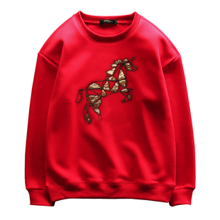 马年本命年刺绣卫衣男士中国风骏马红色上衣圆领加绒新年秋冬外套