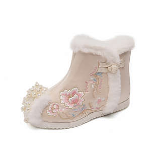 汉服鞋子女童冬季中国风拜年鞋儿童雪地棉靴古装绣花鞋民族风靴子