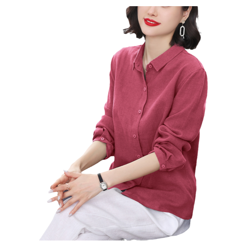 棉麻亚麻上衣女高端妈妈长袖衬衫