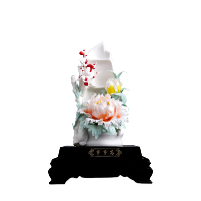 陶瓷节节高牡丹摆件可定制祝福语