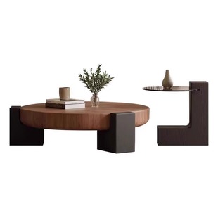 意式极简中古风胡桃木茶几组合圆形茶几客厅家用轻奢高级感设计师