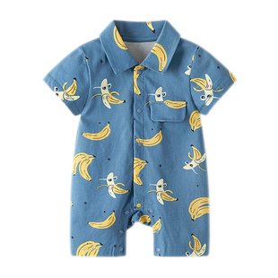 babylove婴儿连体衣夏季短袖纯棉翻领洋气哈衣爬服宝宝外出服