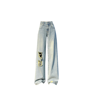 浅蓝色破洞牛仔裤女款夏2026新款小个子高腰垂感复古宽松阔腿裤子