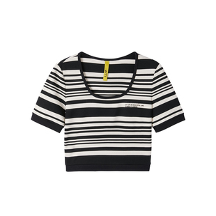 U/TI大u领黑白条纹T恤女装百搭短款显瘦休闲上衣尤缇2023夏季新款